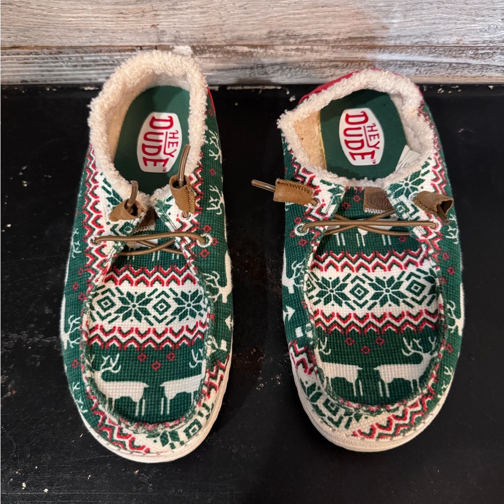 Hey Dude Green and Red Christmas Festive Shoes